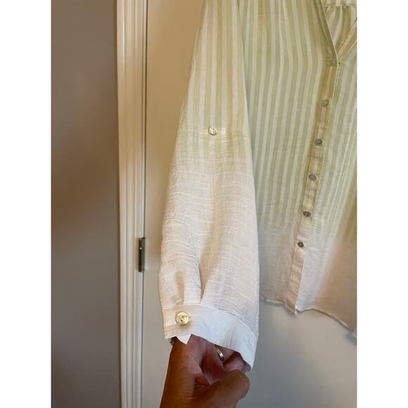 Zac & Rachel Woman button front blouse lightweight long sleeve green stripe 2X - Picture 4 of 7